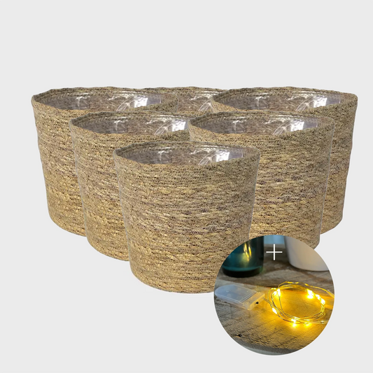 6er Übertopfset 6S Seegraskorb mit Lichterketten 10LED