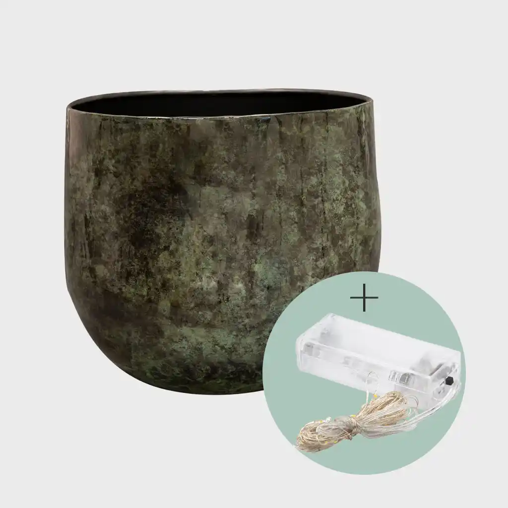 Metalltopf Marmoroptik Grün 27cm mit Lichterkette 100LED