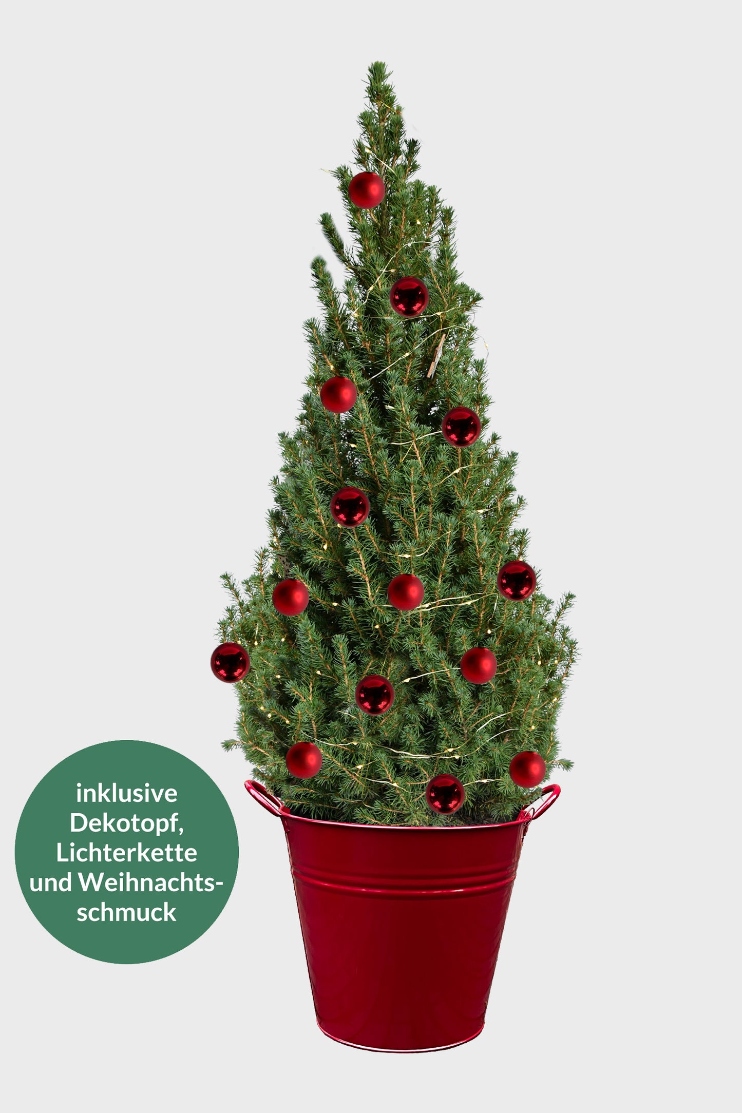 Großes Weihnachtsbaum Set mit Lichterkette, Kugeln und rotem Deko Topf