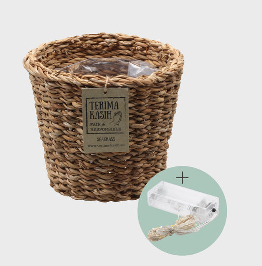 Seegraskorb Geflochten 25cm mit Lichterkette 100LED