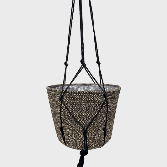 Seegrastopf Selin mit Makramee Hänger Schwarz