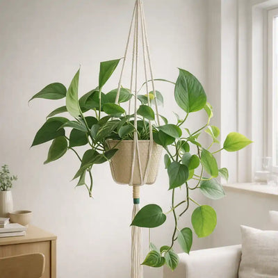 Efeutute hängt im dekorativen Makramee Hänger im Boho Style Wohnzimmer