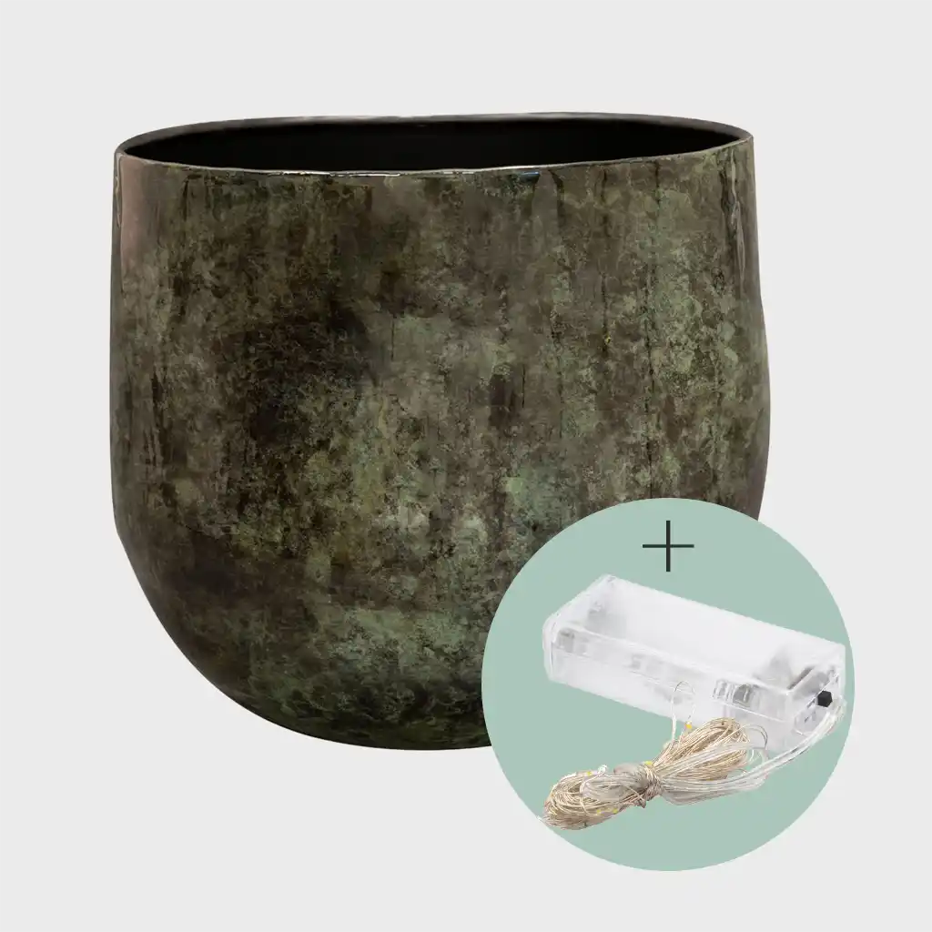 Metalltopf Marmoroptik Grün 31cm mit Lichterkette 100LED