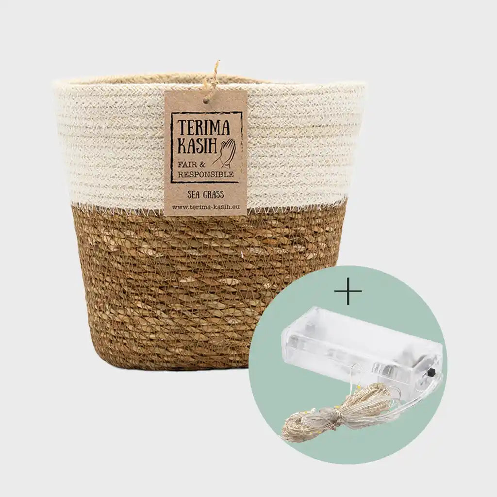 Seegraskorb Natur mit Weißem Rand 21cm mit Lichterkette 40LED