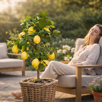 Mediterraner Zitronenbaum mit Früchten auf der sonnigen Terrasse 